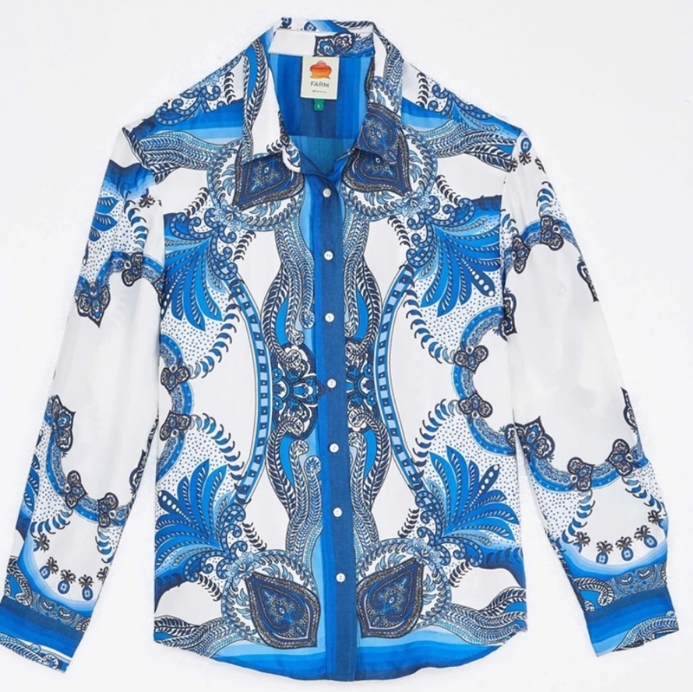 Farm Rio Blue Tile Long Sleeves Silk Shirt - Picture 2 of 4